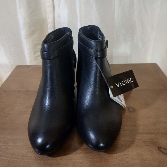 Vionic Black Leather Side Buckle Wedge Booties - Picture 3 of 6